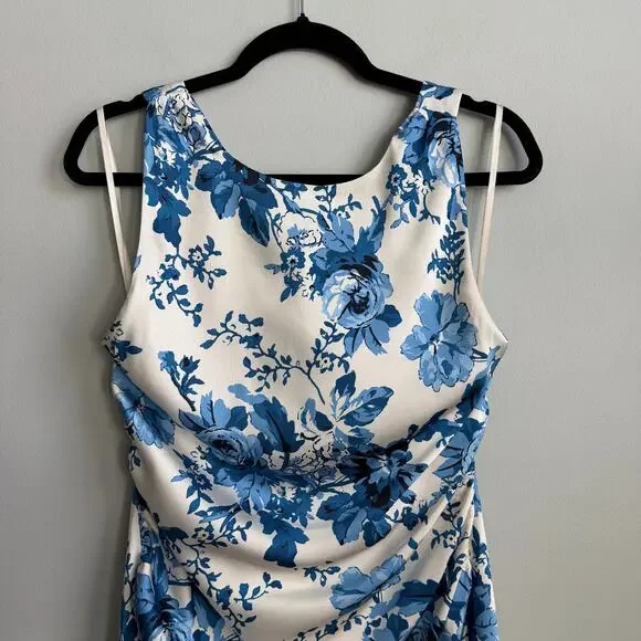 NEW BHLDN Mariella High-Neck Satin Maxi Dress in Blue Floral Size 12 - Picture 4 of 12